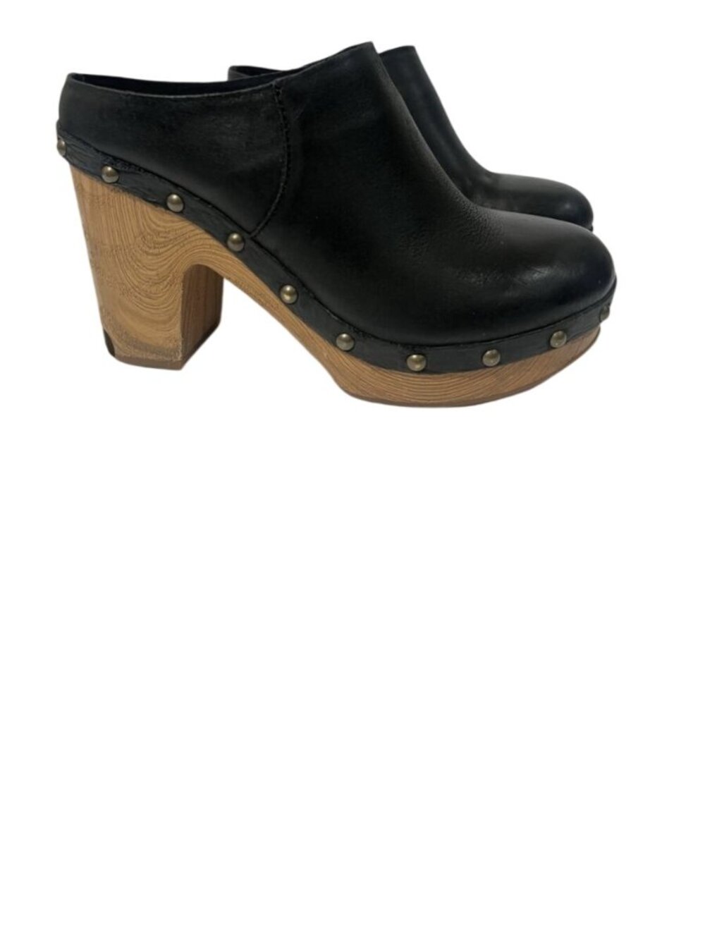 Kork-Ease Sudbury Black Leather Clogs 7 Wooden Block Heels Studded Slip-On Mules